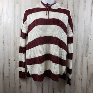 5/$25 Rue 21 Womens Sweater M Red Cream Striped Hooded Chunky Knit V17
